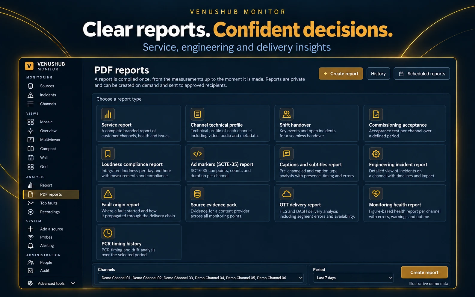 VenusHub Monitor PDF reports screen with report types such as service report, loudness compliance and fault origin