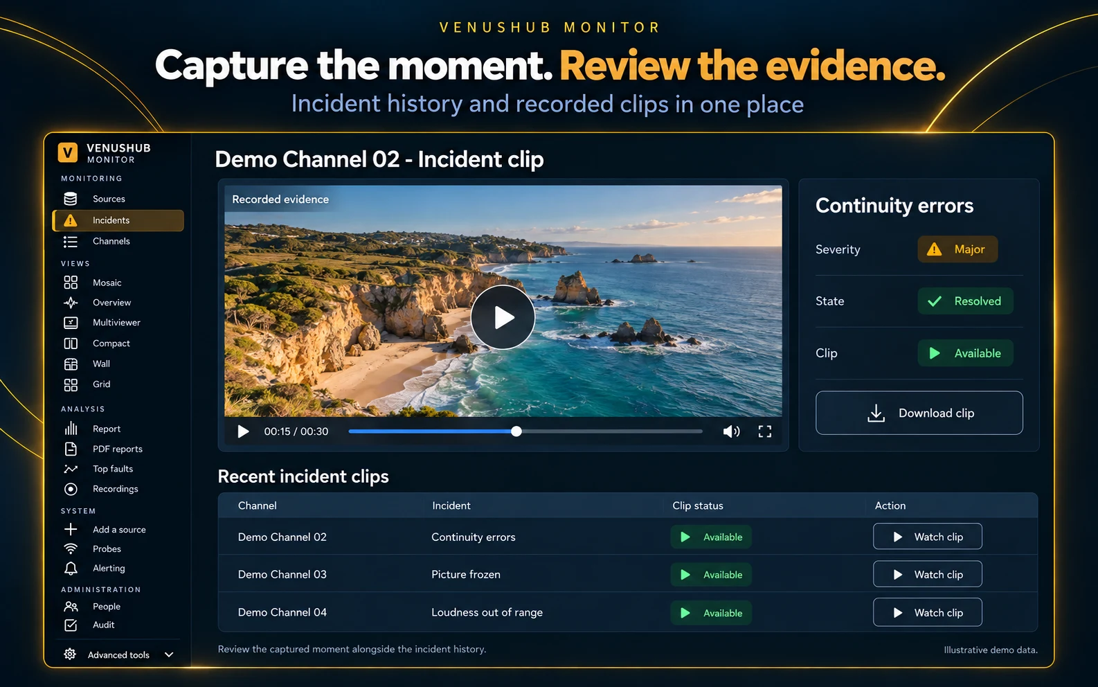 VenusHub Monitor incident clip screen with recorded video evidence, severity and state of a continuity errors incident and a list of recent incident clips
